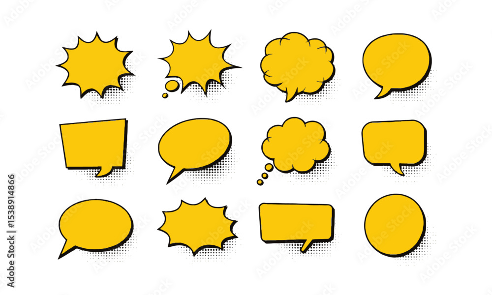 Poster vector illustration of a comic-style speech bubble collection featuring distinct bubble designs, eac