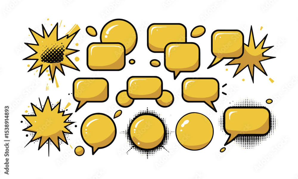 Poster vector illustration of a comic-style speech bubble collection featuring distinct bubble designs, eac
