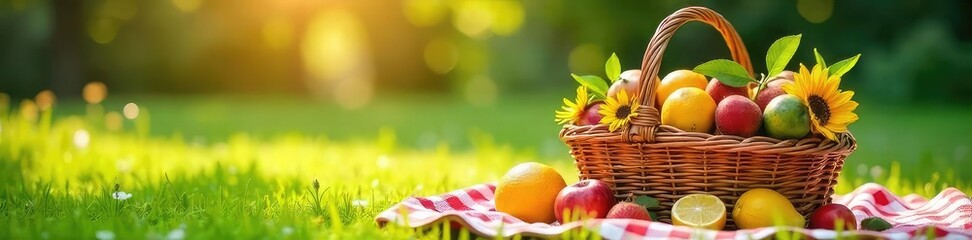 Sun-drenched picnic basket overflowing with fresh fruit, vibrant flowers, and checkered blanket on lush green grass Perfect for summer vibes and outdoor enjoyment , idyllic, day