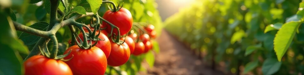 Sun-drenched tomatoes ripening on the vine alongside fragrant basil and oregano in a lush Italian food plantation Rows of vibrant vegetables thrive under the Italian sun , vegetables, soil