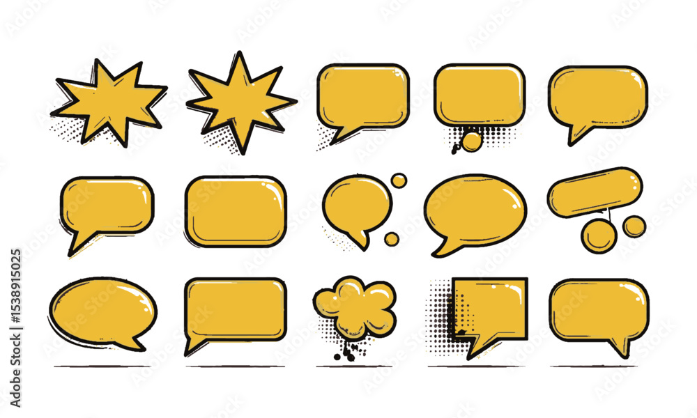 Poster vector illustration of a comic-style speech bubble collection featuring distinct bubble designs, eac
