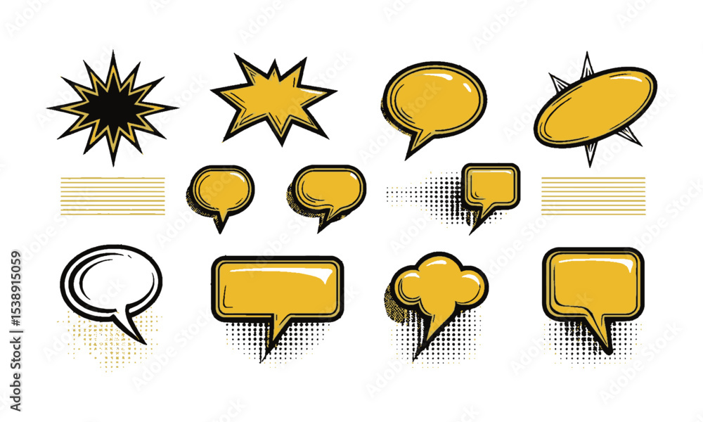 Poster vector illustration of a comic-style speech bubble collection featuring distinct bubble designs, eac