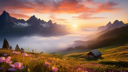 Breathtaking Sunset Over Mountain Range with Meadow of Wildflowers and Cabin, Dreamy Landscape Photography