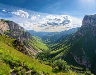 Breathtaking Panoramic View of a Green Mountain Valley with Lush Grass, High Cliffs, and a Vibrant Blue Sky under a Sunny Day