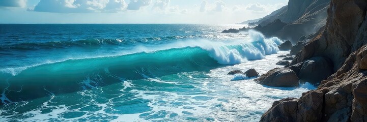 Vast, deep blue ocean waves crashing against a rocky shore, sunlight reflecting on the surface A breathtaking seascape with dramatic lighting , foam, cliff