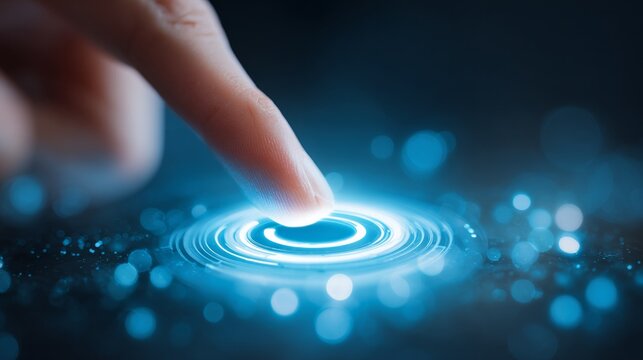 A hand is pointing to a blue circle on a screen