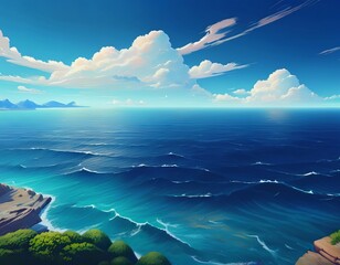 Breathtaking Ocean Landscape with Vibrant Blue Sky and Fluffy White Clouds, Perfect for Travel, Relaxation and Nature-themed Projects