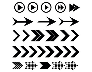 Arrows, Black Arrow Icons, Diverse Set of Black Arrow Icons for Design and UI, set featuring various arrow shapes and play icons, all in solid black, arrow, icon, UI, graphic design, vector, navigatio