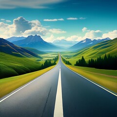 Long Road Leading to Mountains in a Lush Green Landscape with Blue Skies, Summer Travel Concept, Adventure Journey, Open Road, Highway, Nature Scenery