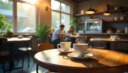 A bustling cafeteria scene during a coffee break, featuring steaming mugs, pastries, and various food items on tables Sunlight streams through a nearby window , light, window, relaxation