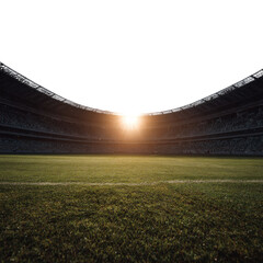A stadium with a large empty field and a sun setting in the background