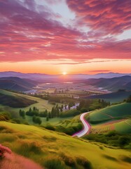 Breathtaking Sunset Over Rolling Hills and Winding Road, Capturing Dramatic Sky and Golden Hour in a Scenic Landscape