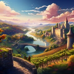 Breathtaking Scenic Valley Landscape Painting with a Medieval Castle, River, and Rolling Hills at Sunset - Digital Artwork