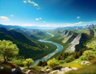 Majestic Valley Landscape with Winding River, Green Mountains, and a Blue Sky Under Bright Sunlight - Nature's Beauty