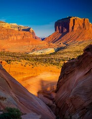 Breathtaking Scenic View of Red Rock Canyon Landscape at Sunset with Dramatic Red Sandstone Formations and Arid Desert Environment, Ideal for Travel and Adventure