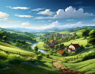 Idyllic Scenic Village Nestled in Rolling Green Hills with River, Landscape Illustration, Beautiful Sunny Day, Art