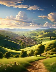 Picturesque Village Nestled in Rolling Green Hills Under a Bright Sunny Sky with Clouds, Lush Trees, and a Dirt Path Leading to the Town in Italy