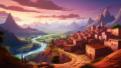Serene Valley Village Landscape Digital Painting of a Picturesque Mountain Scene, Warm Sunlight, and Peaceful River, Artwork.