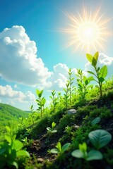 A diverse array of flourishing plants and clean technology growing towards a bright, hopeful sky, symbolizing a sustainable and technologically advanced future , science, better world, development