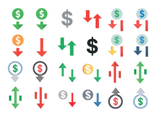 Colorful Financial Icons Showing Up and Down Trends, A set of colorful icons representing financial trends, financial icons, dollar signs, uptrend, downtrend, market trends, investment, stock market, 