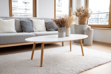 Light gray short-pile carpet living room with oval coffee table and concrete tables.