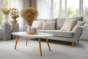 Light gray short-pile carpet living room with oval coffee table and concrete tables.