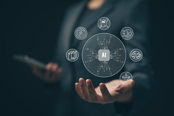 Chatbot chat with AI artificial intelligence. Concept of using AI technology to help work in order to work easier and faster. Future technology development business.