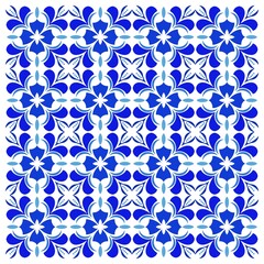 Mediterranean floral seamless pattern of blue red and yellow tiles. Ethnic mosaic design of Portuguese, Italian, Spanish decorative motifs. Ornament for home textile or ceramic. Vector illustration