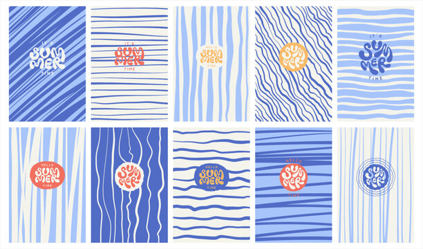 Blue summer striped backgrounds set. Uneven stripes, streaks, sea water waves. Deformed hand drawn wavy doodle curved winding lines, rectangle patterns. Hello it's summer time hand lettering.