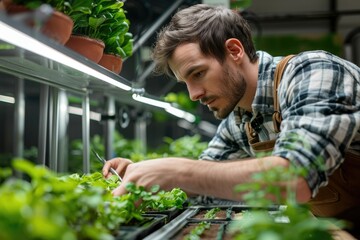 Detailed Color Picture of Man Cultivating and Farming Edible Plants Indoors