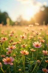 Obraz premium A sun-drenched field of wildflowers gently swaying in the breeze, embodying serenity and joy Perfect for themes of peace, contentment, and well-being , natural, flowers