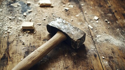 A hammer rests on a wooden surface with scattered debris or fragments.