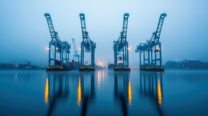 Fototapeta premium Port cranes in misty dawn, reflections on water