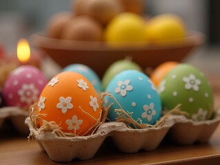 Novruz in Azerbaijan. Colored eggs for Easter and traditional sweets. Selective focus.