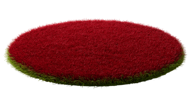 Red artificial turf patch a circular swatch of crimson grass with green edging - Powered by Adobe