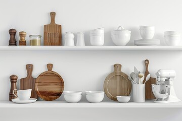 Vibrant Color Visual of Kitchenware on White Shelf Banner with Copy Space