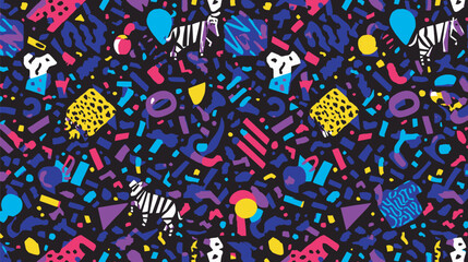Colorful shapes surround zebra pattern amidst abstract chaos