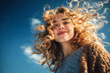 Libertad y alegría, vibrando con la energía del buen tiempo.Mujer joven de cabello rizado sonríe feliz bajo un cielo azul vibrante.