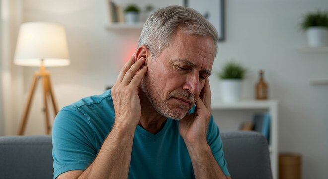 Senior caucasian man experiencing ear pain, sitting indoors on couch in well-lit living room, holding ear with both hands, red glow highlighting discomfort.
