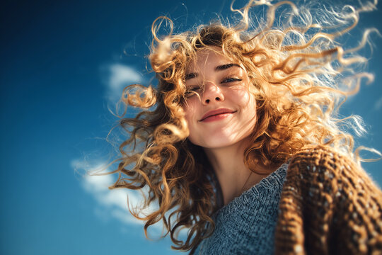  Libertad y alegr&iacute;a, vibrando con la energ&iacute;a del buen tiempo.Mujer joven de cabello rizado sonr&iacute;e feliz bajo un cielo azul vibrante.