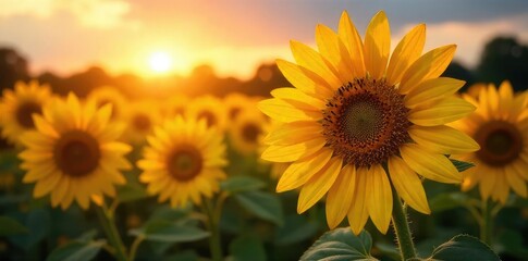 Obraz premium Close-up of a sunflower field at sunset, each bloom glistening with dew, creating a sparkling effect The warm light enhances the vibrant yellow petals and dark centers , beauty, dazzling, vibrant