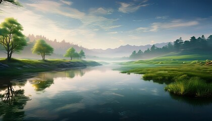 Beautiful Serene Landscape River Flowing Through Lush Green Meadow with Mist and Trees, Peaceful Nature Scene