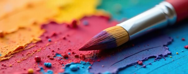 Fototapeta premium Close-up shot of paintbrush bristles saturated with vibrant paint, ready to create artwork The texture and color are richly displayed , crafting, creative, watercolor