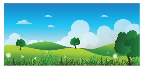 Fototapeta premium Serene Green Hills Landscape Idyllic Countryside Illustration