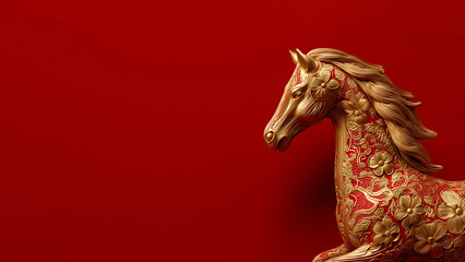 Golden horse on red background, Chinese New Year concept	