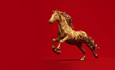 Golden horse on red background, Chinese New Year concept	