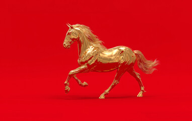 Golden horse on red background, Chinese New Year concept	