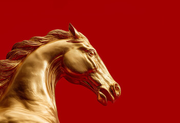 Golden horse on red background, Chinese New Year concept	