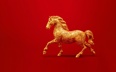 Golden horse on red background, Chinese New Year concept	