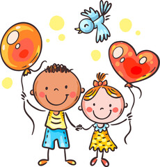 Friendship clipart. Cute little kids with balloons. Boy and girl holding hands